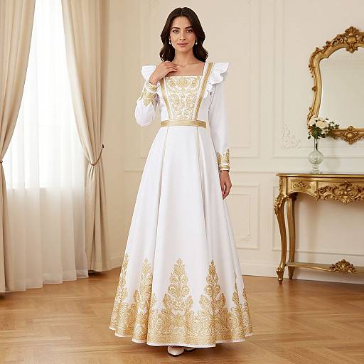 Photograph of a woman with dark hair in a white, long-sleeved, gold-embroidered gown standing in an elegant, white-w