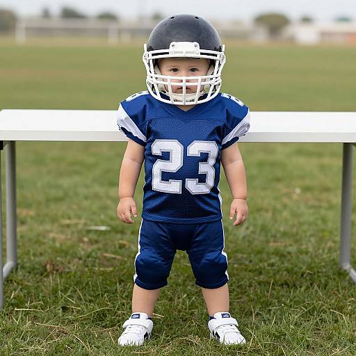 Photograph of a young child wearing a blue football jersey with number 23, black helmet, and white cleats, standing on grass field with a