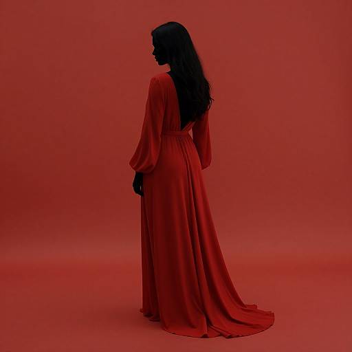 Silhouetted woman in long, flowing red dress with puffed sleeves, standing against a solid red background, photographed in dramatic monochrome.