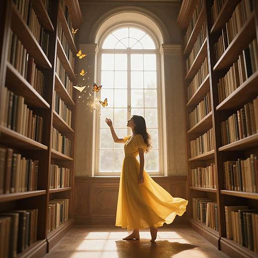 Photograph of a woman in a flowing yellow dress, touching a sunlit window, surrounded by bookshelves, with butterflies fluttering.