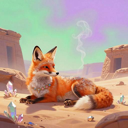 Digital art of a regal, orange-furred fox with a jewel necklace, lying in a desert with crystalline structures and a glowing sky.