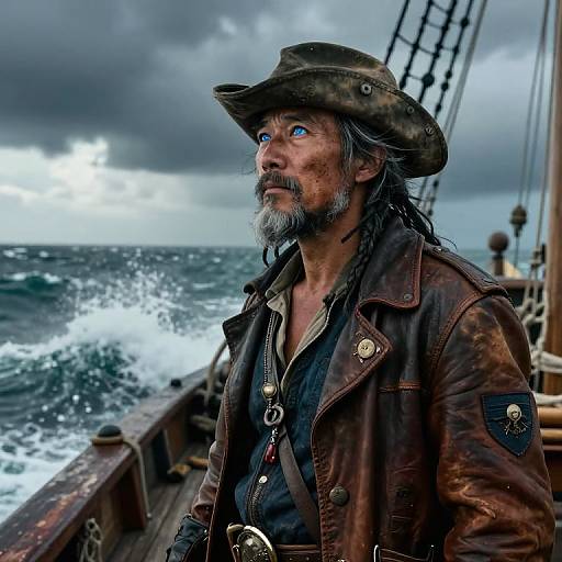 Photograph of a rugged, bearded pirate captain with blue eyes, wearing a weathered brown hat and leather jacket, standing on a stormy ship