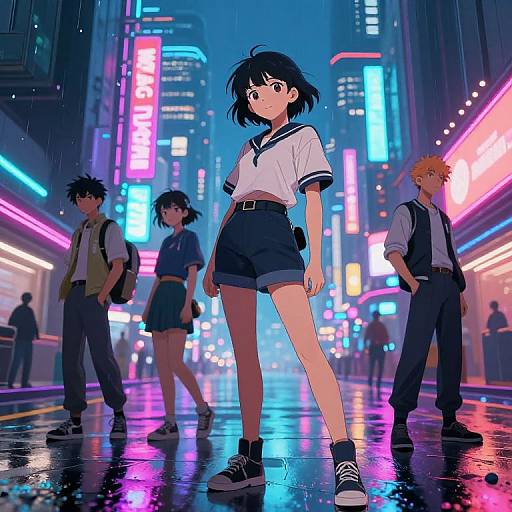 Anime-style digital illustration of a rainy neon-lit city street featuring four young characters in school uniforms, standing confidently with vibrant, colorful lights reflecting on the