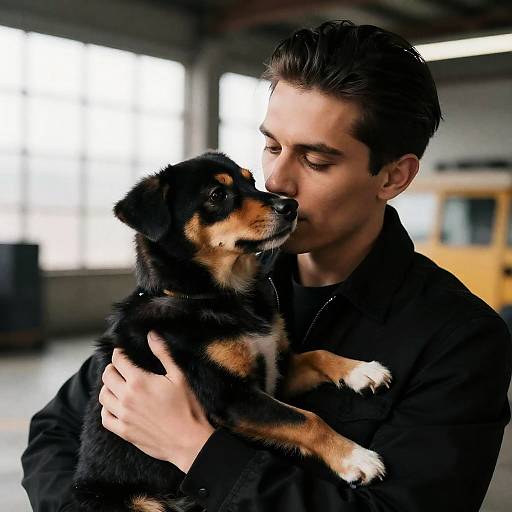 Serious Man with Fluffy Dog in Focus