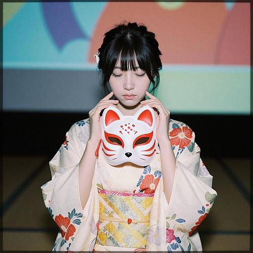Young Woman in Floral Yukata with Fox Mask