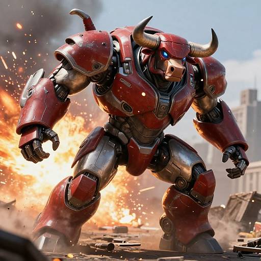 CGI image of a muscular, red, robotic bull warrior with horns, blue eyes, and glowing highlights, charging amid an explosive urban battlefield.
