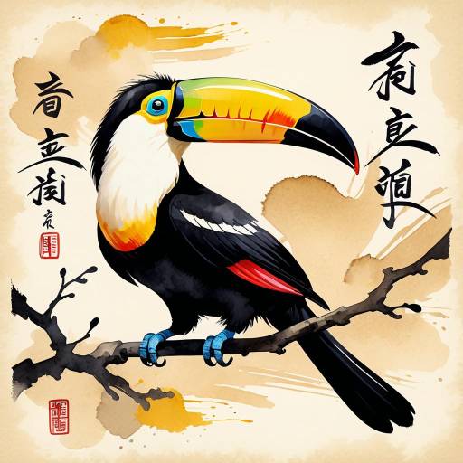 Majestic Toucan in Asian Ink Wash Style