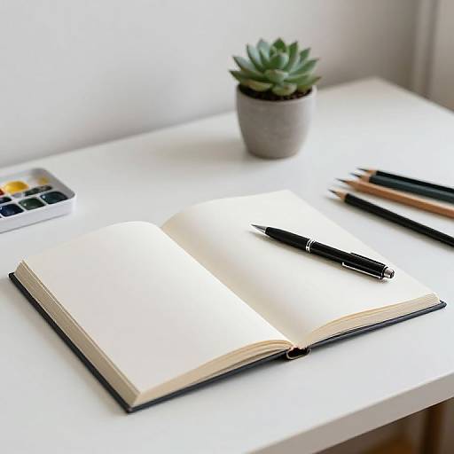 Photograph of a white desk with an open notebook, black pen, calculators, and pencils, topped with a small green succulent. Bright natural