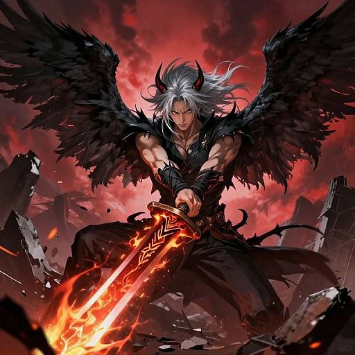 Fierce Male Demon with Fiery Sword