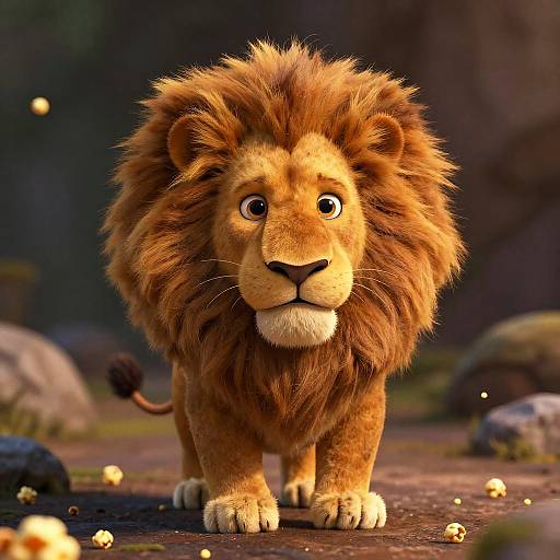 CGI cartoon lion with large, fluffy brown mane, wide-eyed expression, and golden fur, walking on rocky ground with scattered yellow berries in a blurred