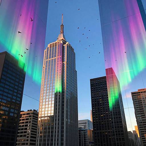 Photograph of a cityscape with a tall, illuminated skyscraper, surrounded by colorful aurora-like lights on glass panels, birds flying, and blue