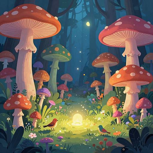 Whimsical Forest with Oversized Mushrooms