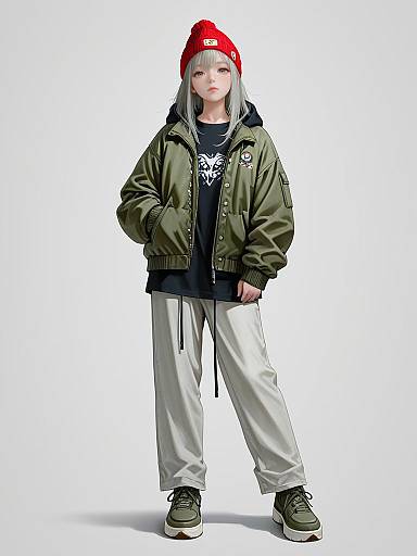 Photograph of a young girl with pale skin, silver hair, wearing a red beanie, green jacket, black hoodie, white pants, and green