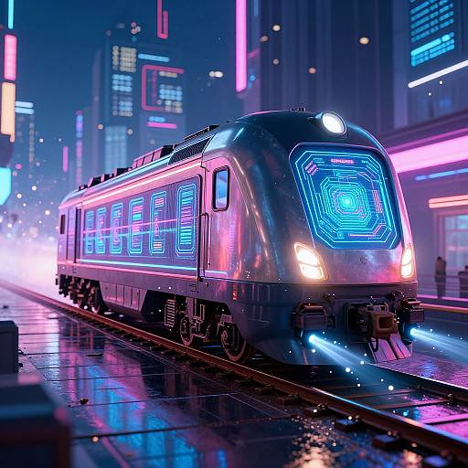 Neon-lit futuristic train with glowing blue holographic front, illuminated pink and blue lines, wet tracks, cityscape at night, digital art style