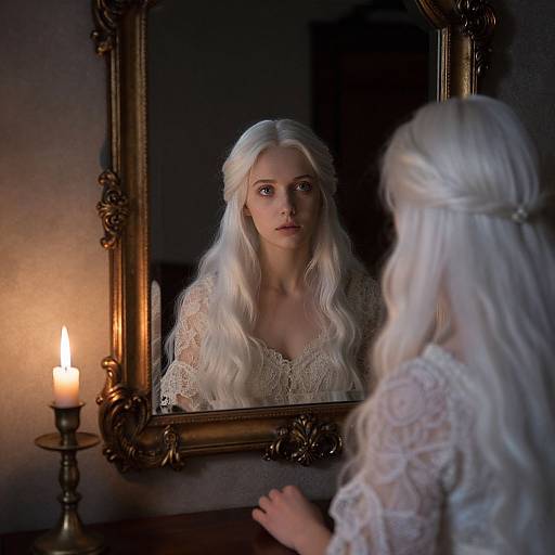 Photograph of a young woman with long, white, wavy hair, wearing a lace dress, standing in front of an ornate mirror, staring