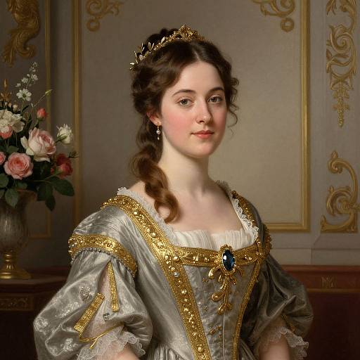 Digital portrait of a young, fair-skinned woman with brown hair, wearing a gold tiara, silver and gold embroidered gown, and blue gemstone