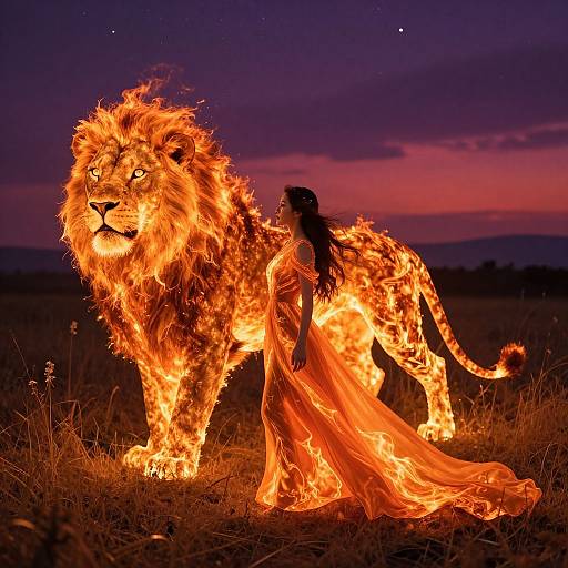 Photograph of a woman in a flowing, fiery dress standing beside a blazing lion under a dark, starry sky at sunset.