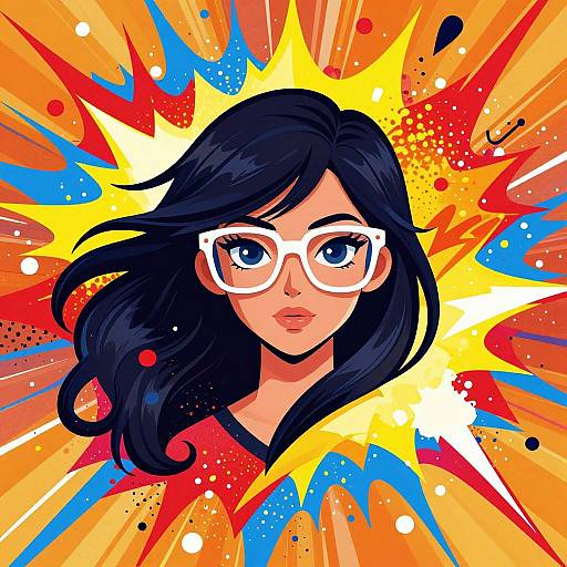 Digital pop art of a black-haired woman with blue eyes, white glasses, and red top, surrounded by vibrant orange, yellow, and blue explosion background