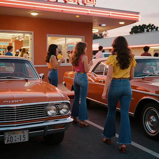Photograph of three women in yellow tops and blue jeans, standing beside vintage orange Plymouth and Chevrolet cars, under a neon-lit diner sign at dusk