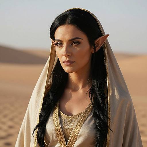 Photorealistic CGI of an elven woman with long black hair, pointed ears, and a gold-trimmed beige robe, standing in a desert