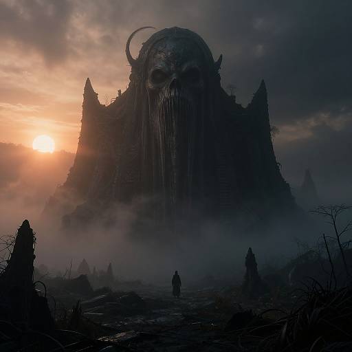 Digital art of a colossal, horned, masked creature looming over a misty, desolate landscape at sunset, with small silhouetted figures