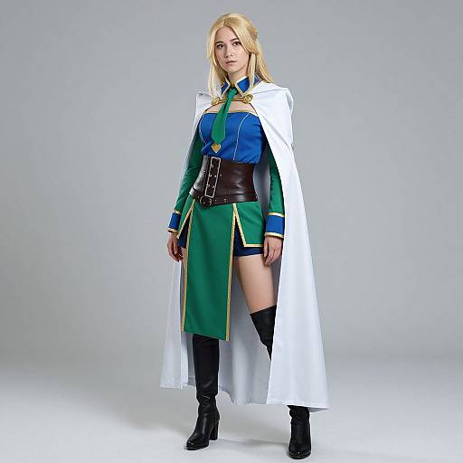 Blonde Woman in Blue-Green Outfit