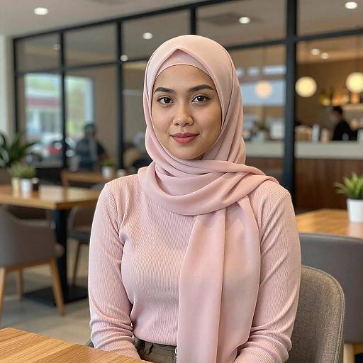 Asian Woman in Pink Hijab Indoors