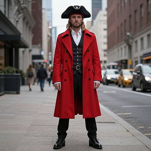 Photograph of a man with long hair, beard, and black tricorn hat, wearing a red coat, black vest, white shirt, and black