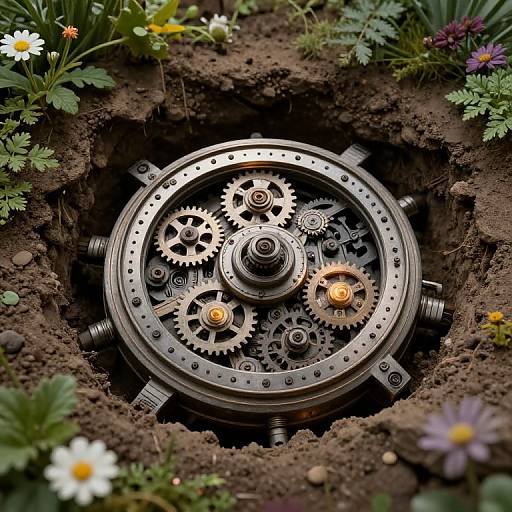Photograph of a circular mechanical gear mechanism with orange-lit cogs, surrounded by dark soil and colorful flowers, creating a steampunk garden scene