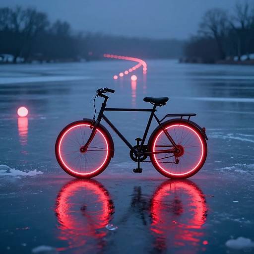 Photograph of a black bicycle with glowing red LED lights, standing on a frozen, reflective lake at dusk, with blurred red lights in the background.