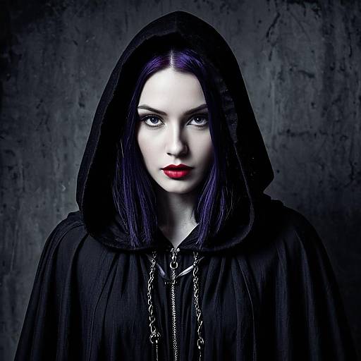 Mysterious Gothic Woman in Black Hooded Cloak