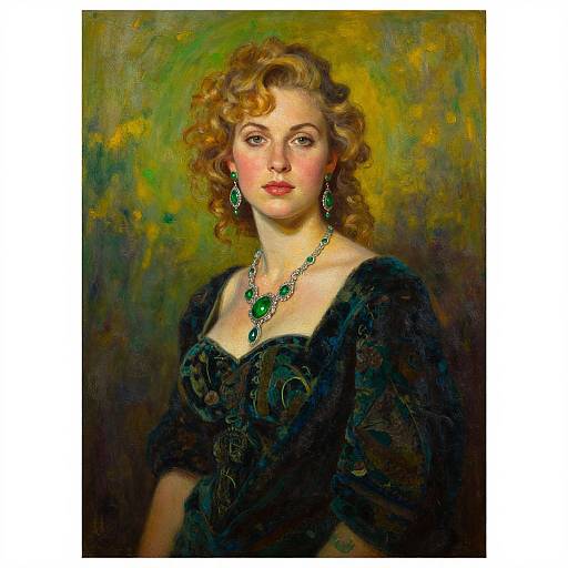 Portrait of a fair-skinned, curly blonde woman in a black, ornate dress with green jewelry, set against a yellow-green abstract background. Digital