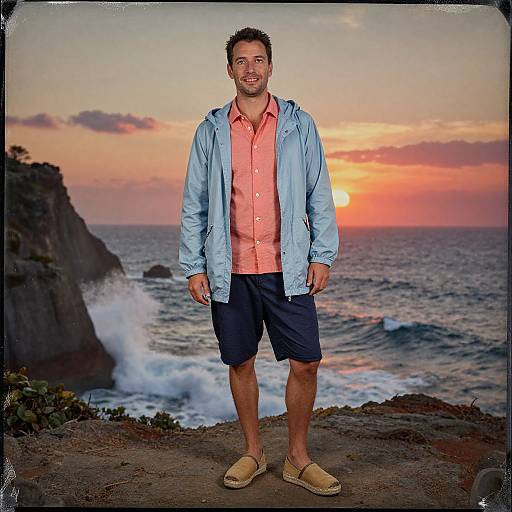 Photograph of a smiling man with short brown hair, wearing a light blue jacket, pink shirt, navy shorts, and beige loafers, standing on