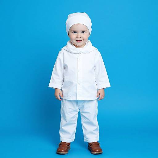 Photograph of a smiling baby in a white sailor outfit with a hat, brown shoes, standing against a bright blue background.
