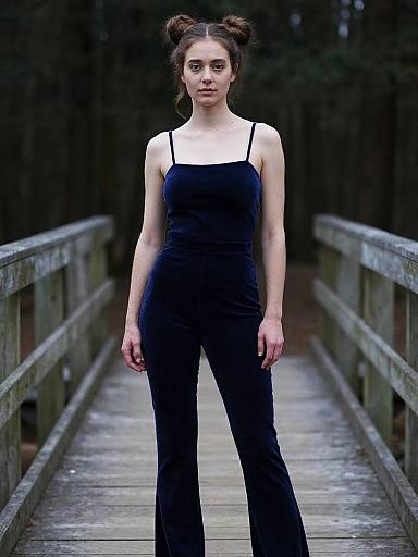 Woman in Navy Blue Velvet Jumpsuit on Wooden Bridge