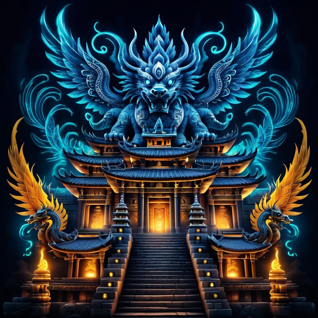 Ancient Temple with Hybrid Griffin-Naga Art