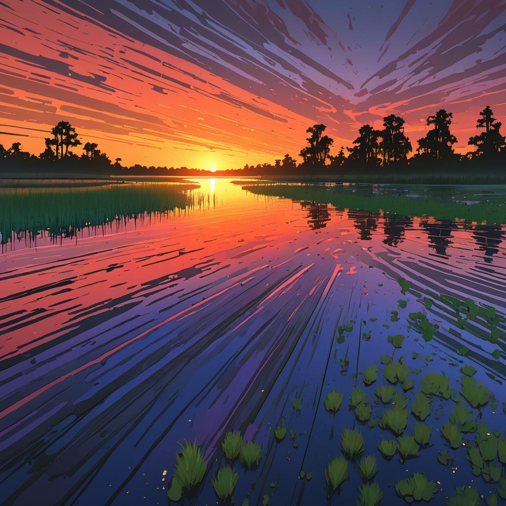 Vibrant Sunset Over a Marshy Delta