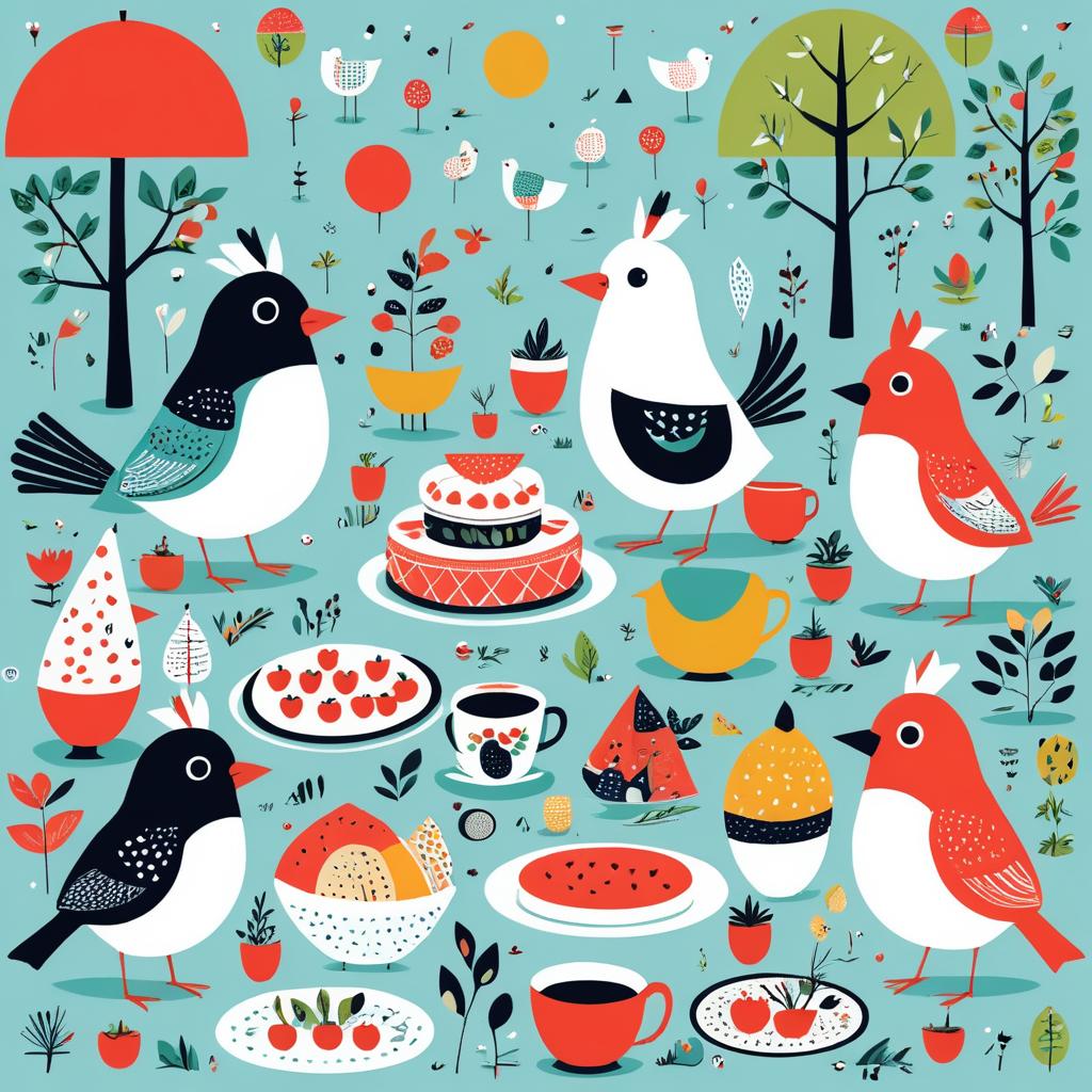 Quirky Bird Family Picnic Illustration