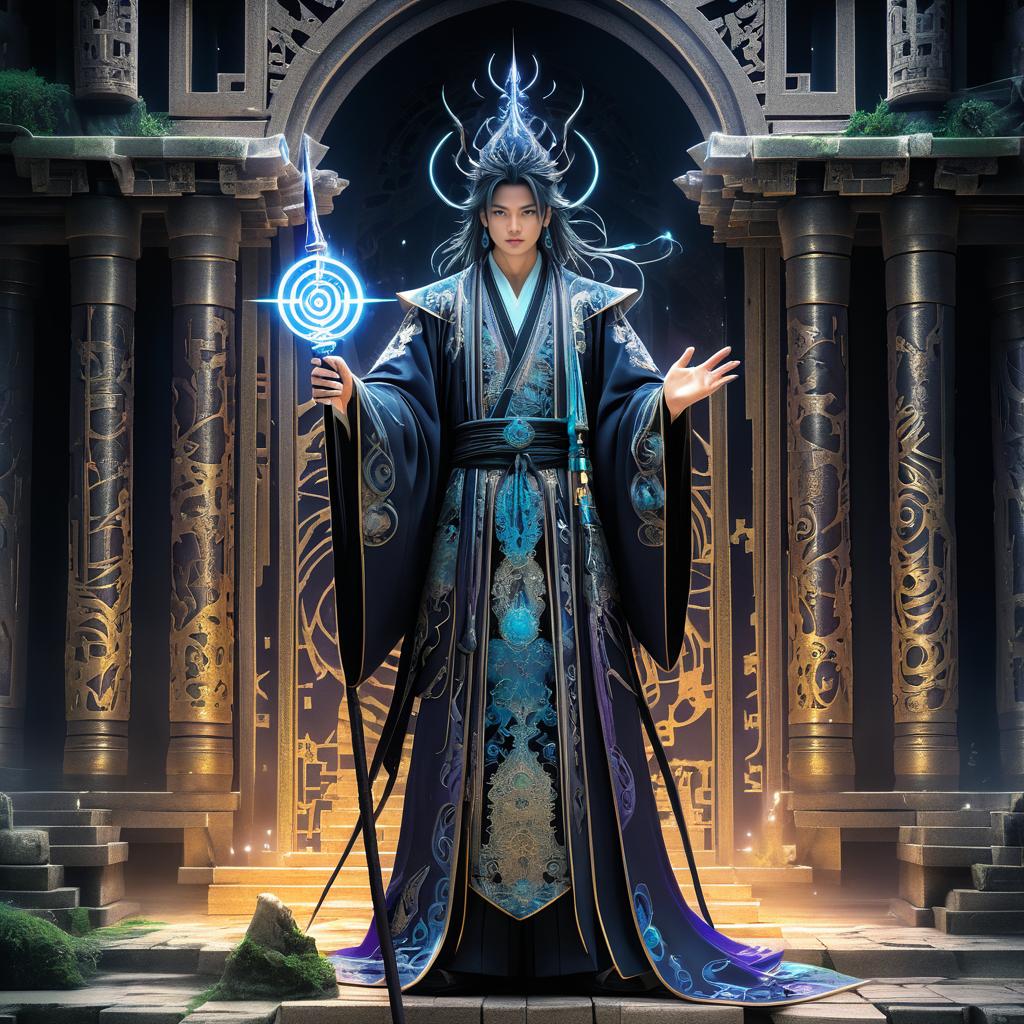 Mystical Sorcerer in Ancient Temple Scene