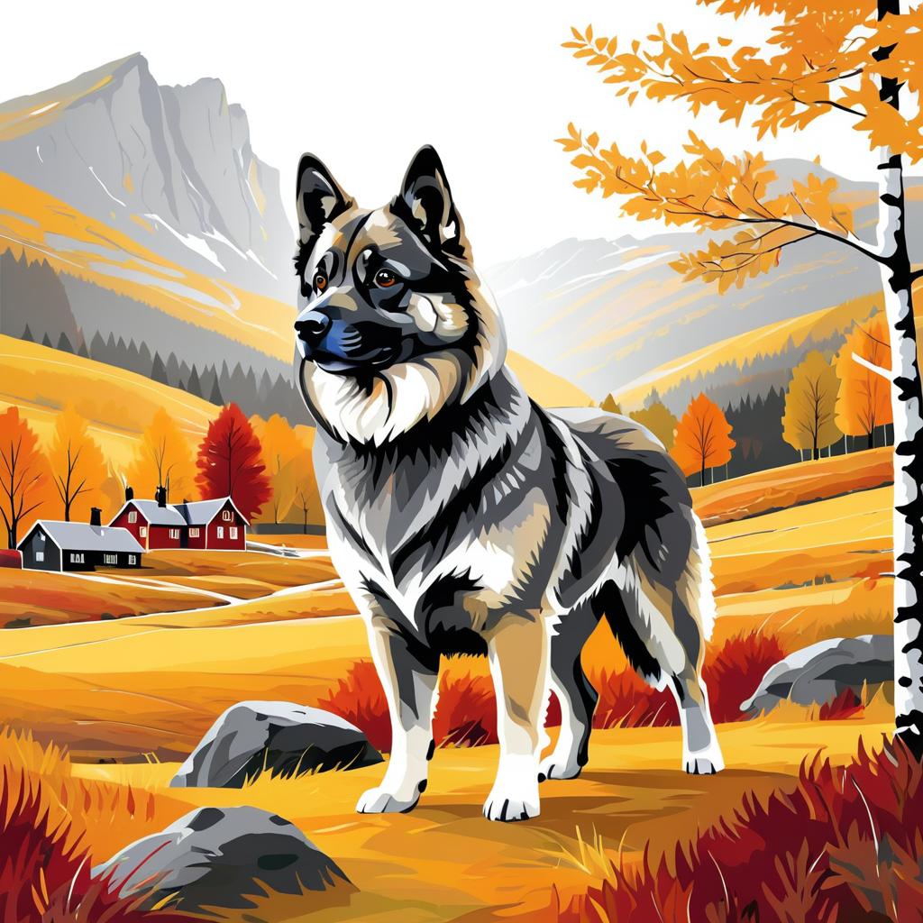 Bold Norwegian Elkhound in Autumn Landscape