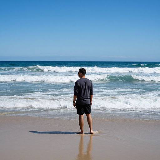 Photograph of a man in a black shirt and shorts standing barefoot on a sandy beach, facing the ocean with waves crashing under a clear blue sky