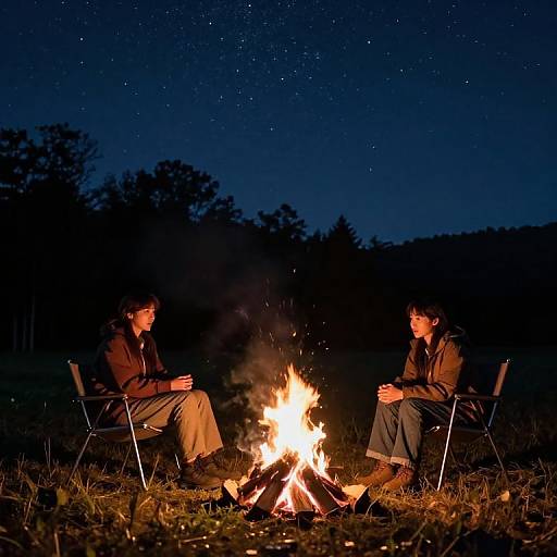 Photograph of two people sitting in folding chairs around a campfire at night, under a starry sky, with trees in the background.