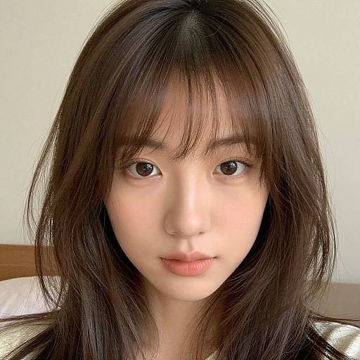Photograph of an East Asian woman with long, dark brown hair and bangs, fair skin, and brown eyes, looking directly at the camera,