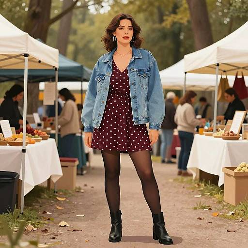Photograph of a stylish woman with wavy brown hair, wearing a denim jacket, black polka dot dress, black tights, and black ankle