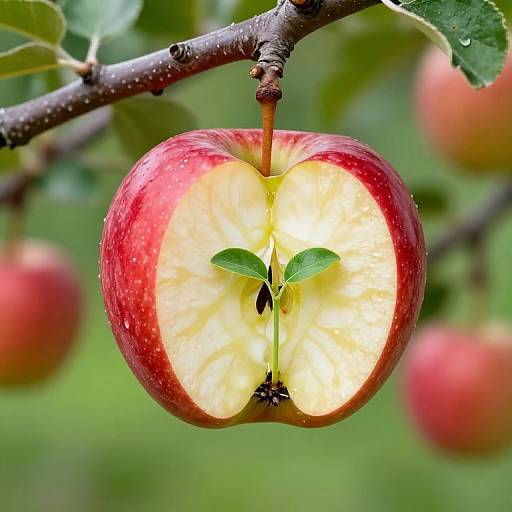 Photograph of a red and yellow apple with a green leaf inside, hanging from a branch, surrounded by blurred green foliage.