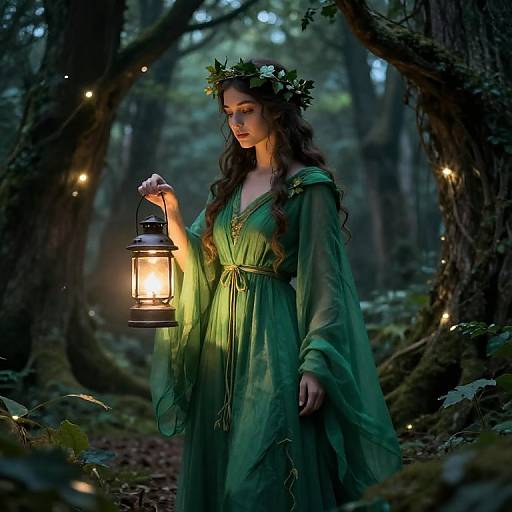 Enchanted forest scene: Fair-skinned woman with long brown hair, wearing a green dress and leaf crown, holds glowing lantern, surrounded by twink