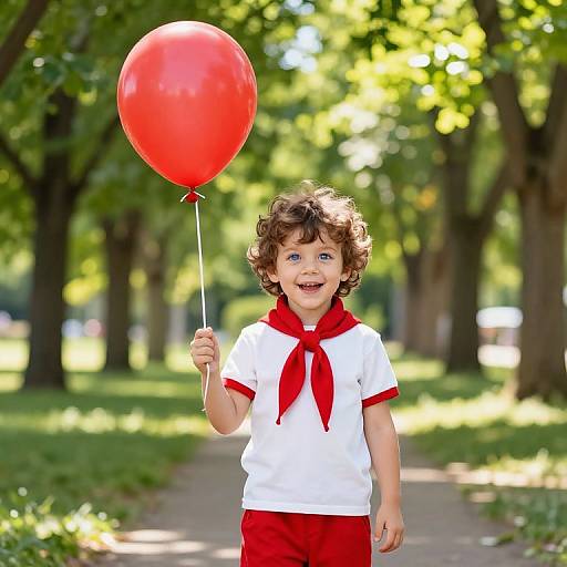 Photograph of a curly-haired, blue-eyed boy in a white sailor shirt with red accents and red shorts, holding a red balloon in a sunlit
