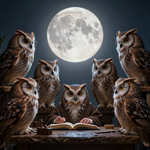 Photograph-style digital art: Six detailed, large owls with glowing eyes surround a central owl reading an open book under a bright full moon. Dark