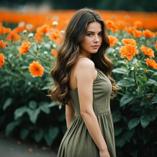 Young Woman in Khaki Dress Among Orange Flowers