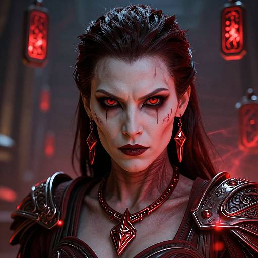 Digital artwork of a fierce, pale-skinned woman with red eyes, black lipstick, and dark hair, wearing red gemstone earrings and armor, set